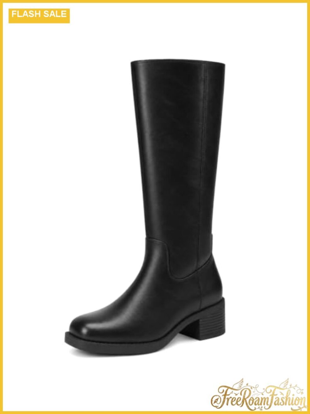 Wide Calf Knee High Boots Faux Leather Square Toe Low Block Heel
